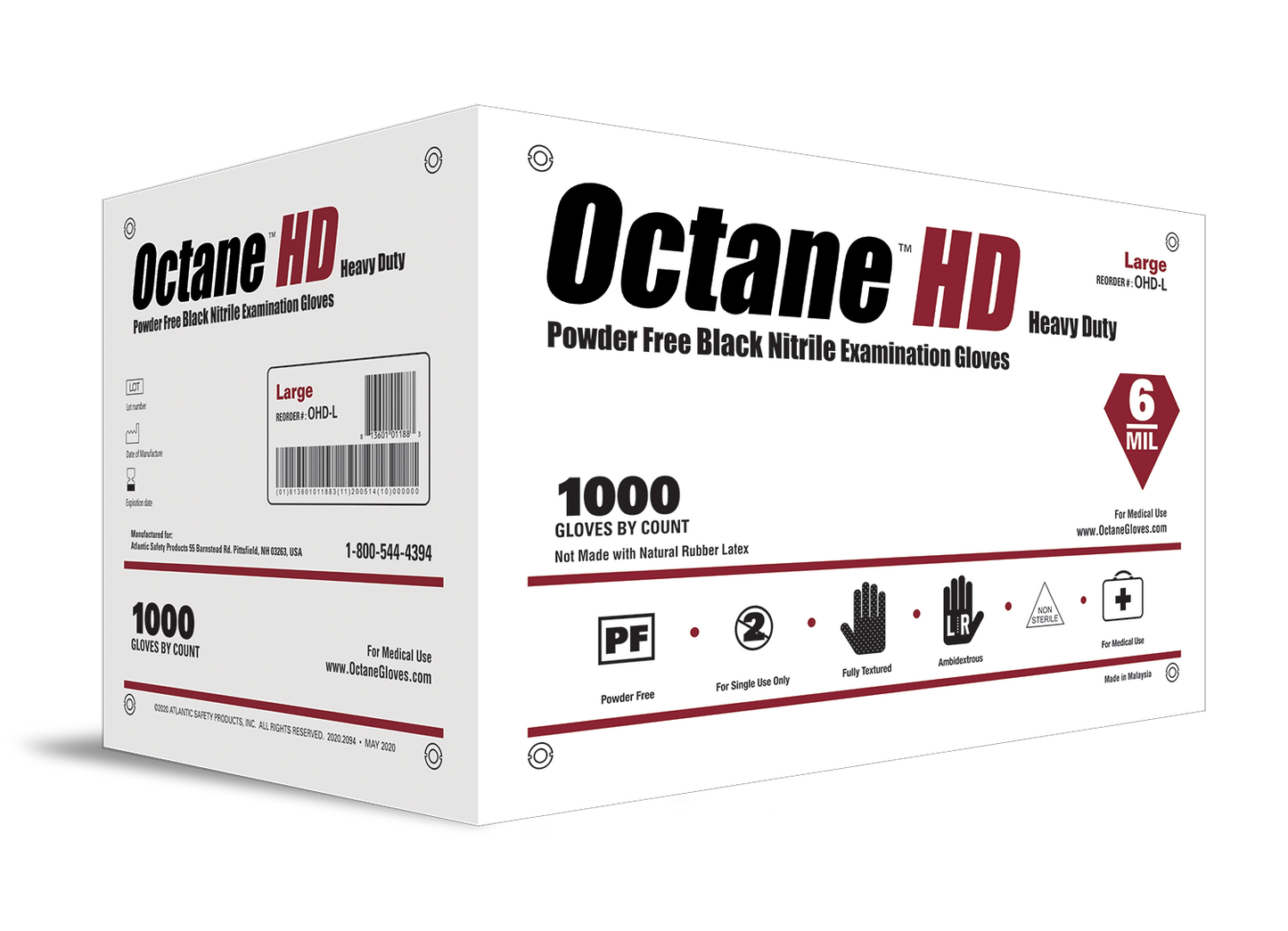 A box of Octane HD black powder free nitrile gloves with 1000 gloves per case indicated on the packaging.