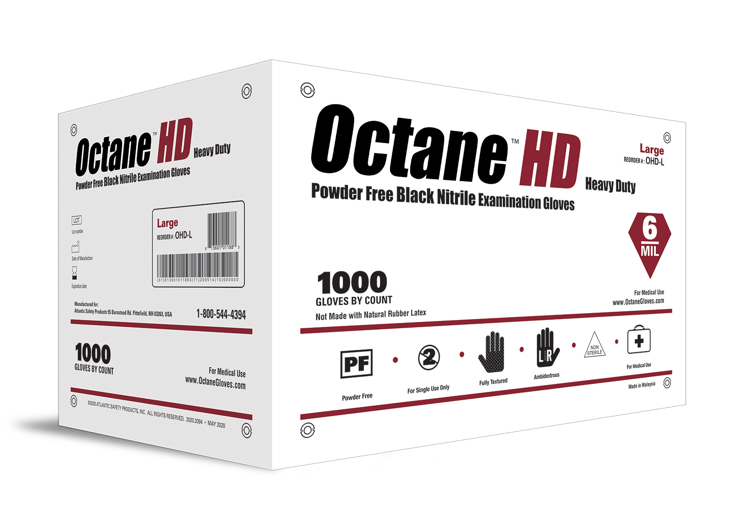 A box of Octane HD black powder free nitrile gloves with 1000 gloves per case indicated on the packaging.