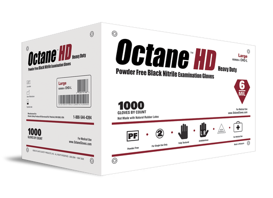 A box of Octane HD black powder free nitrile gloves with 1000 gloves per case indicated on the packaging.