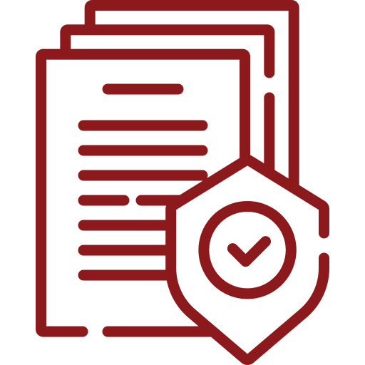 Red Icon of Comliance - documents with shield and checkmark.