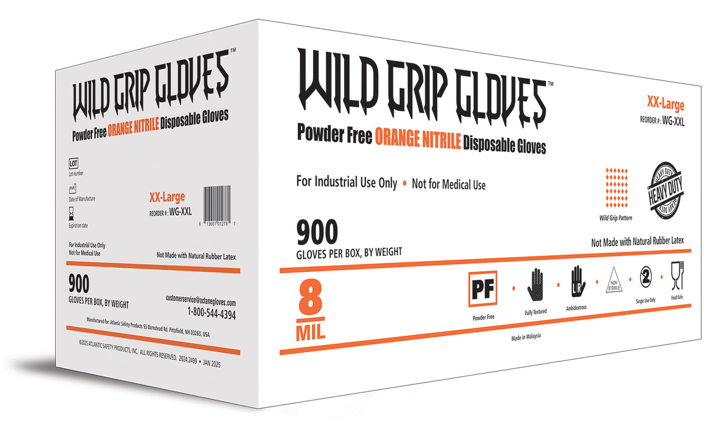 Wild Grip Gloves - 8 MIL Powder Free Orange Nitrile Disposable Gloves - 900 gloves per case